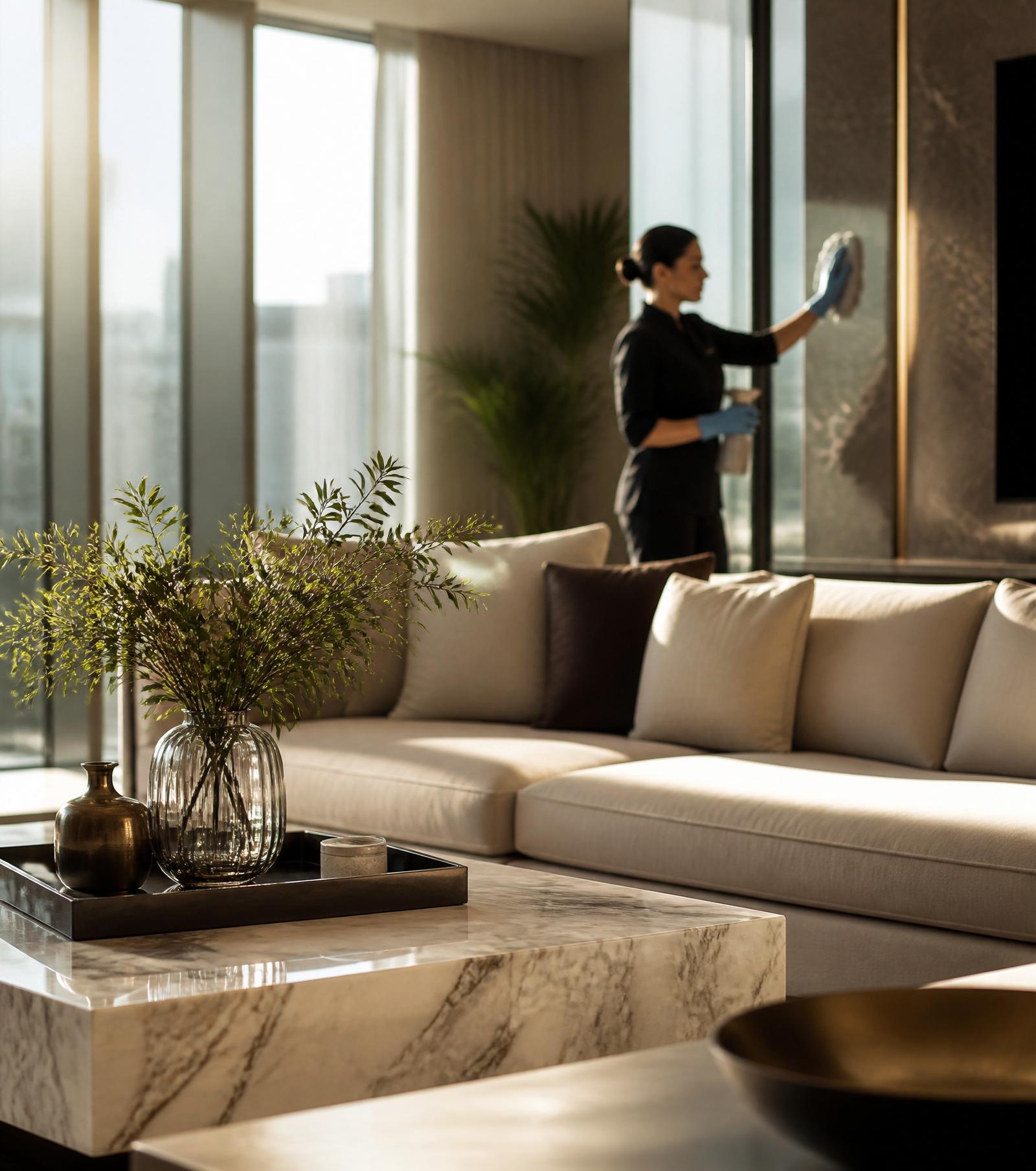 A pristine luxury living room bathed in soft daylight